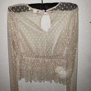 See Through Mesh Metallic Design Ruffle Top